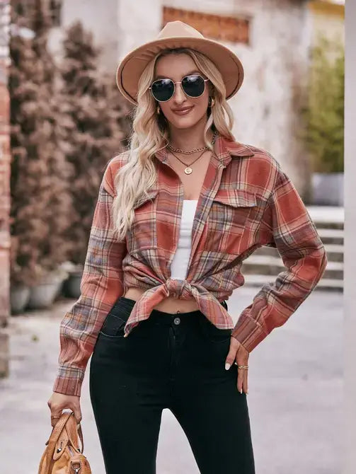 Coffee Casual Fashion Oversized Loose Plaid Shirt