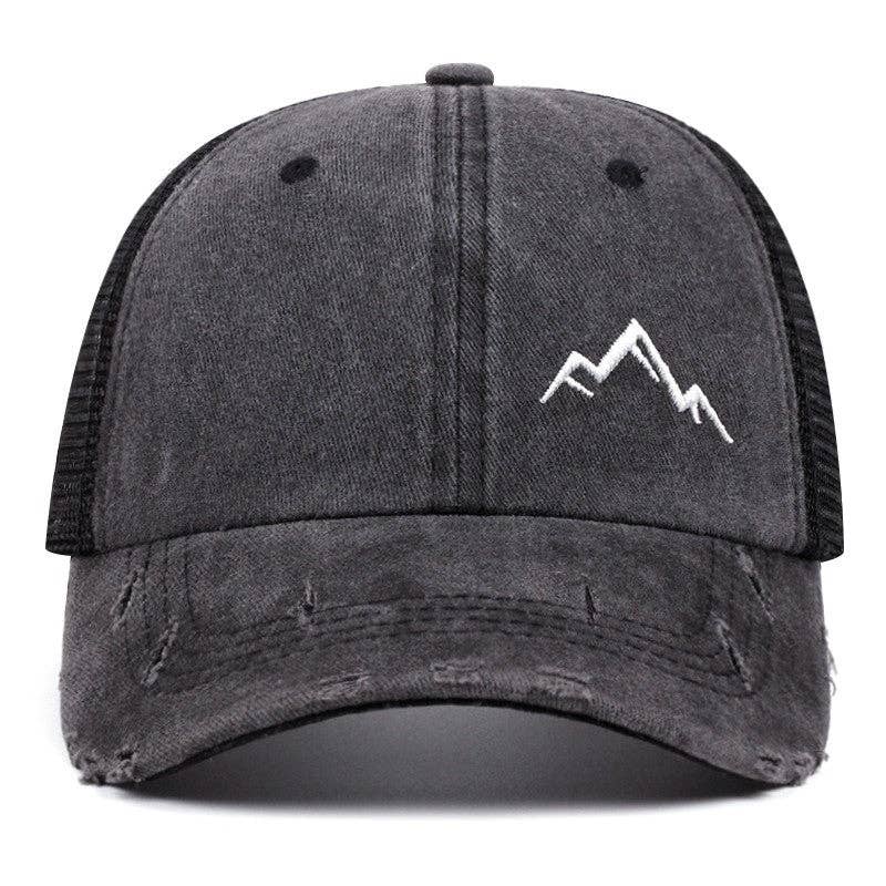 Ponytail Opening Mountain Embroidery Baseball Cap Washed Distressed Breathable Mesh Sun Hat