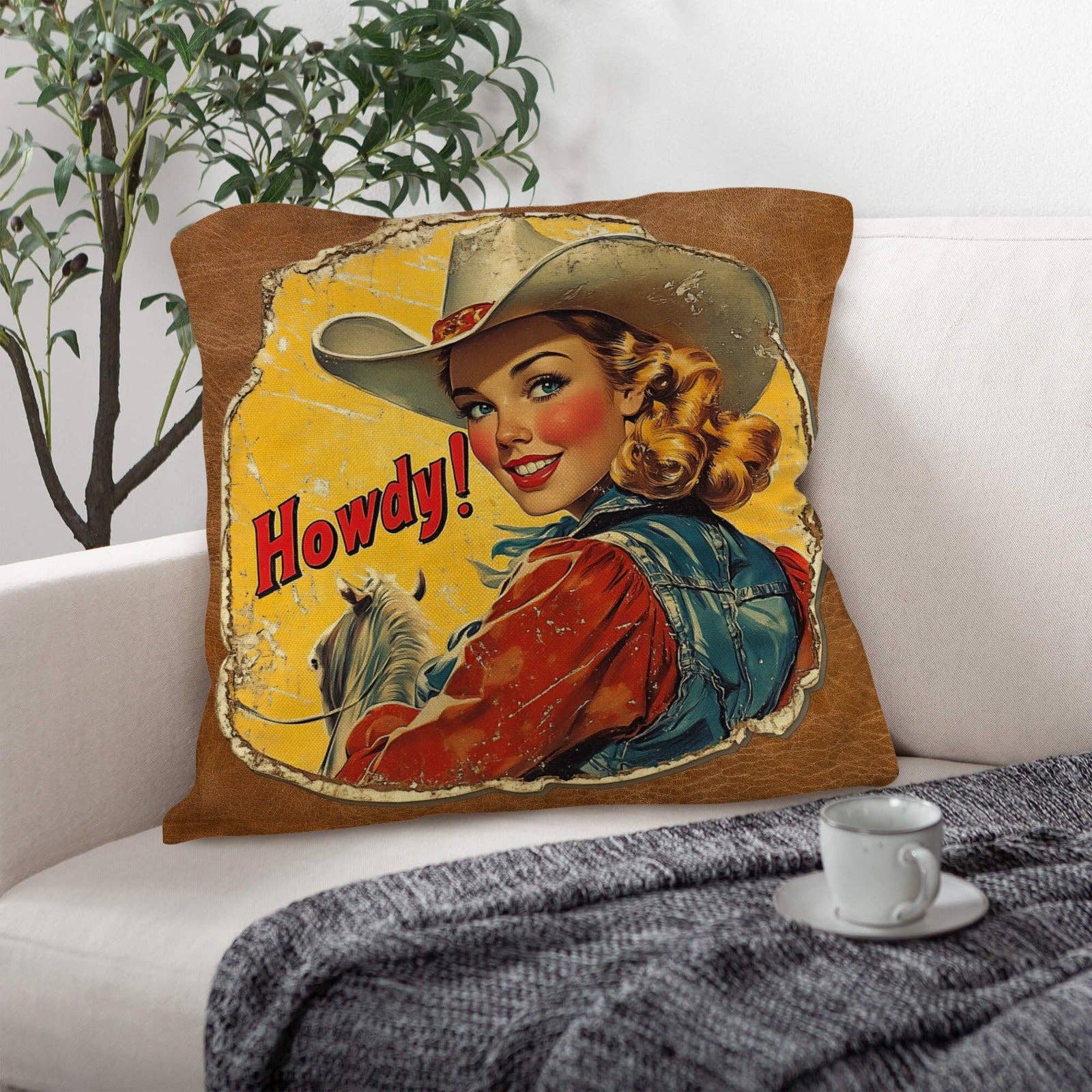 Vintage Cowgirl Howdy Throw Pillow 18 x 18 Made in America/w insert