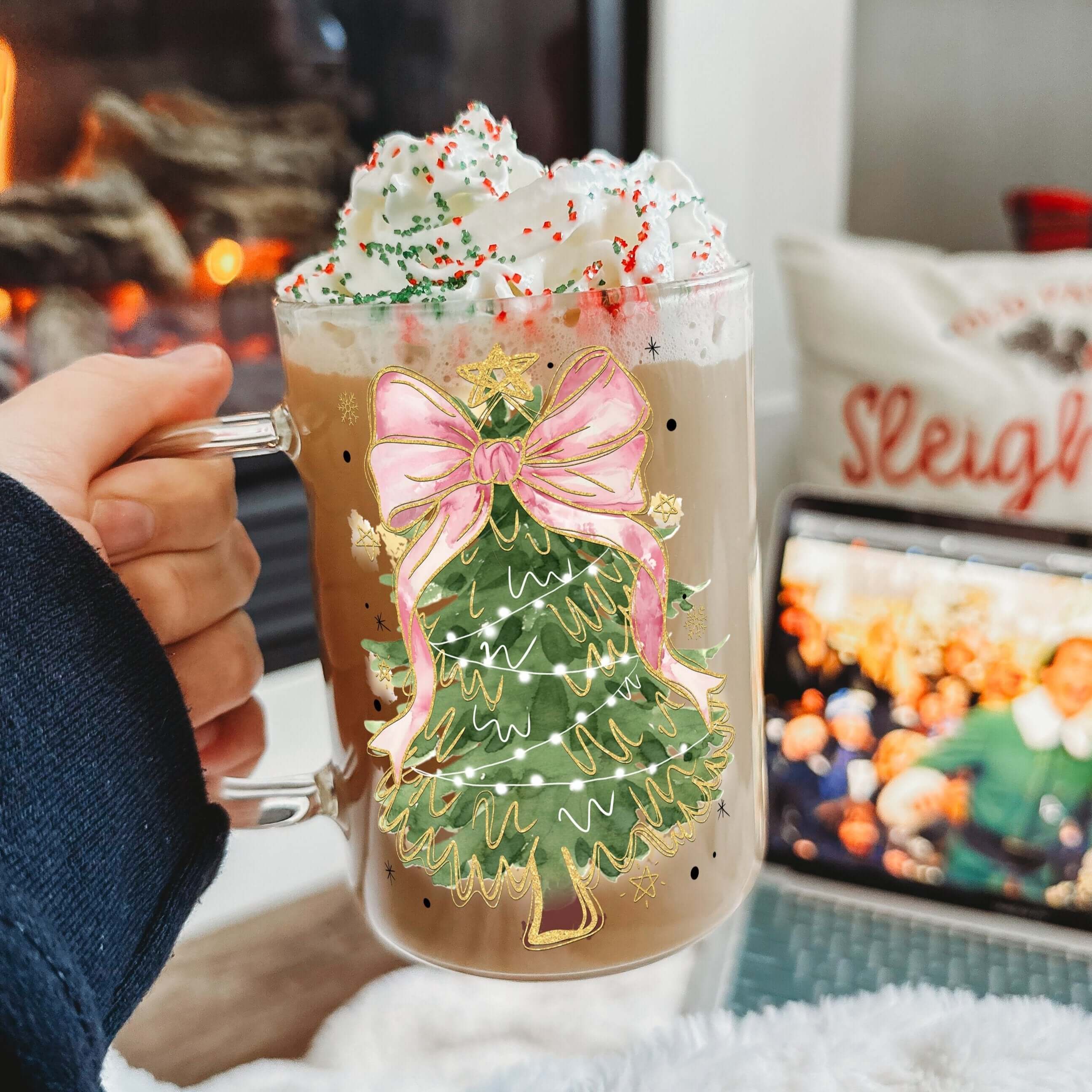 Coquette Bow Tree 17oz Glass Mug With Lid and Straw