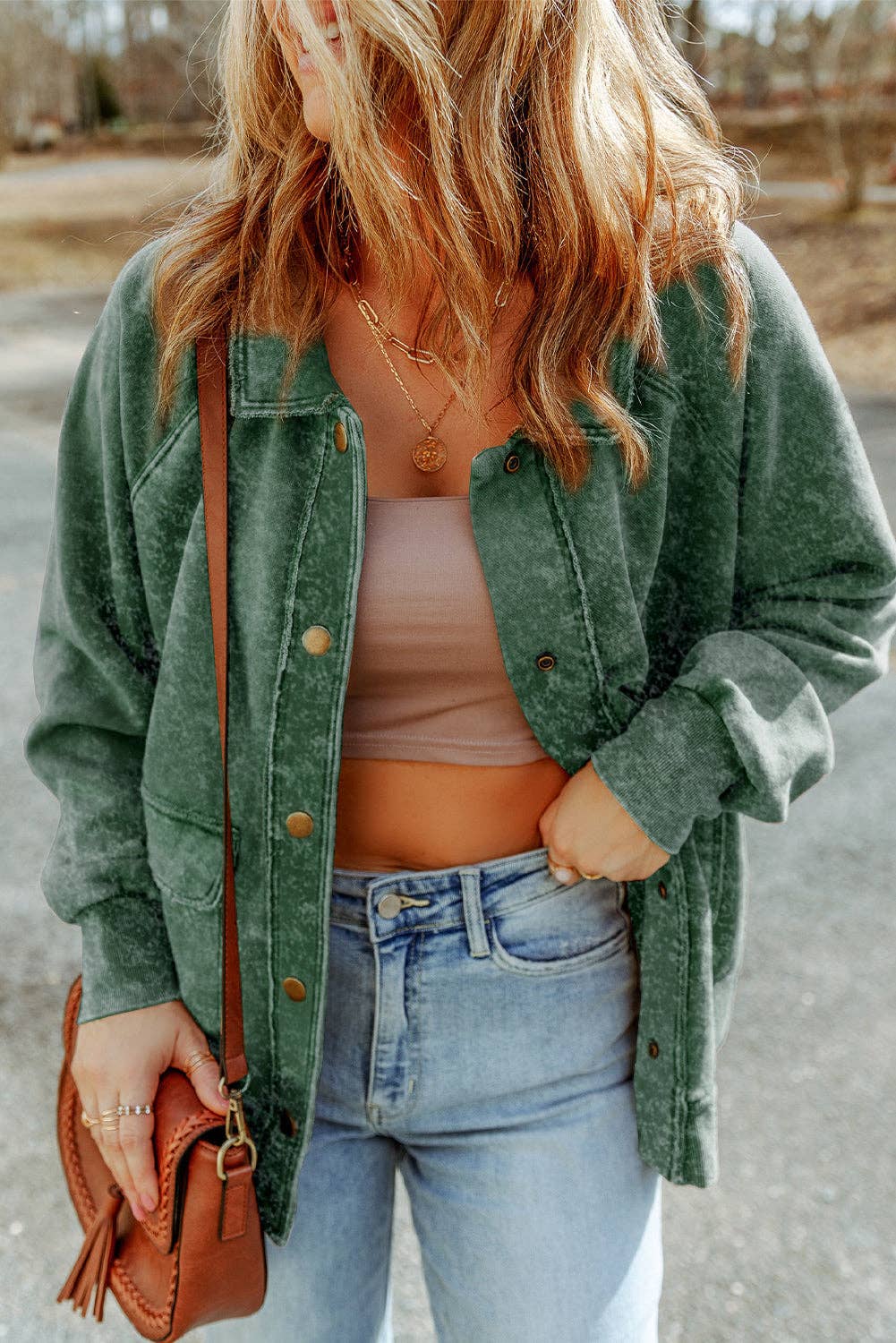 Casual Vintage Washed Flap Pocket Button Shacket