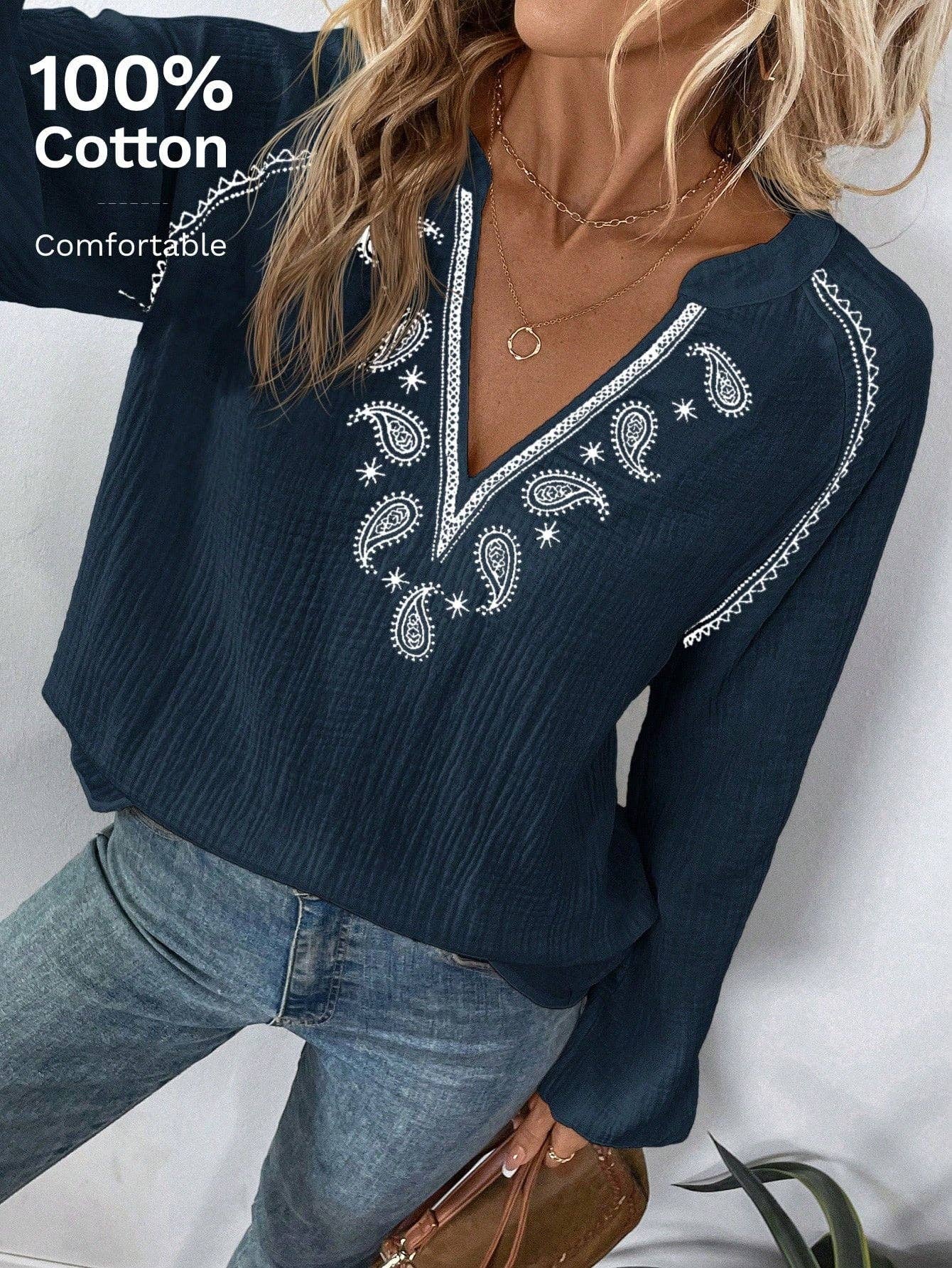 Boho Embroidery Cotton Blouse Women V Neck Bohemian Top