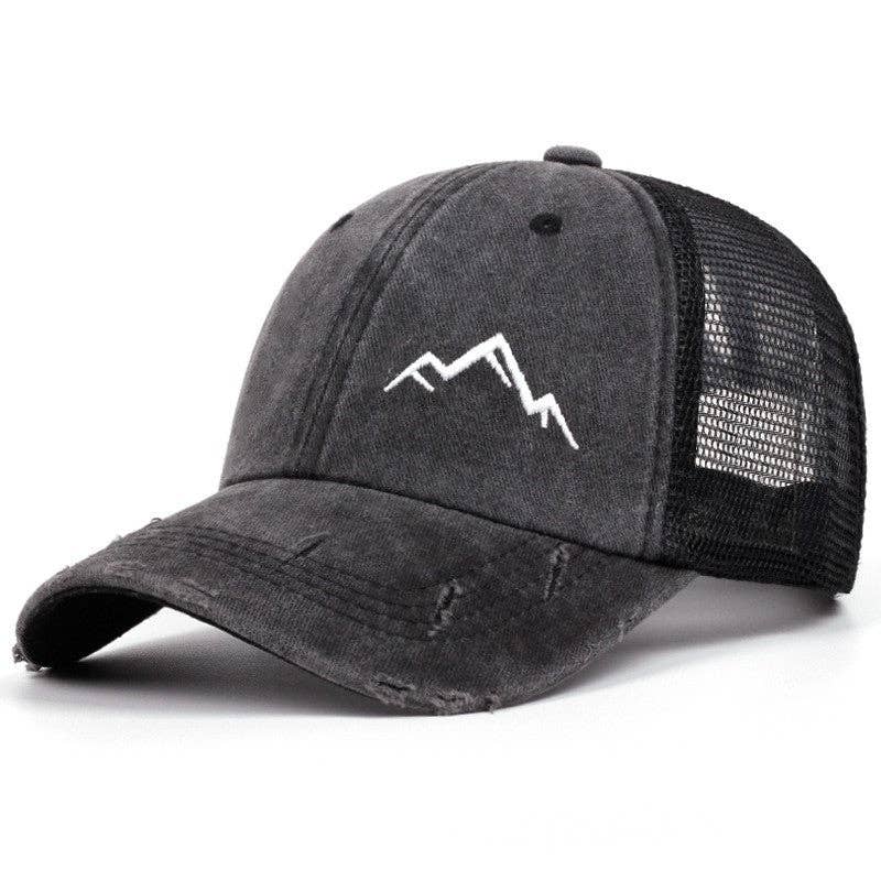 Ponytail Opening Mountain Embroidery Baseball Cap Washed Distressed Breathable Mesh Sun Hat