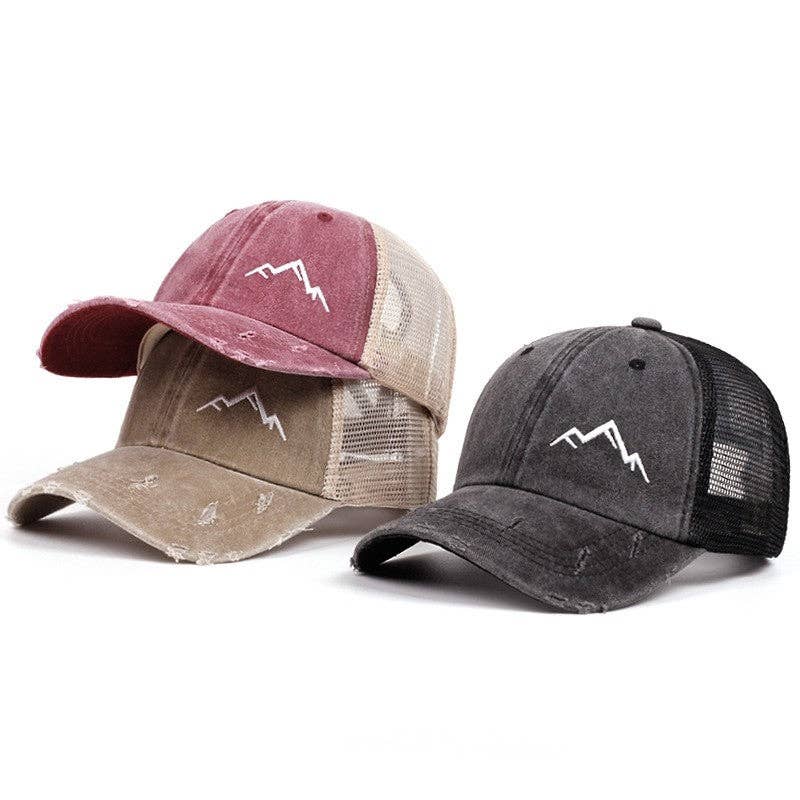 Ponytail Opening Mountain Embroidery Baseball Cap Washed Distressed Breathable Mesh Sun Hat