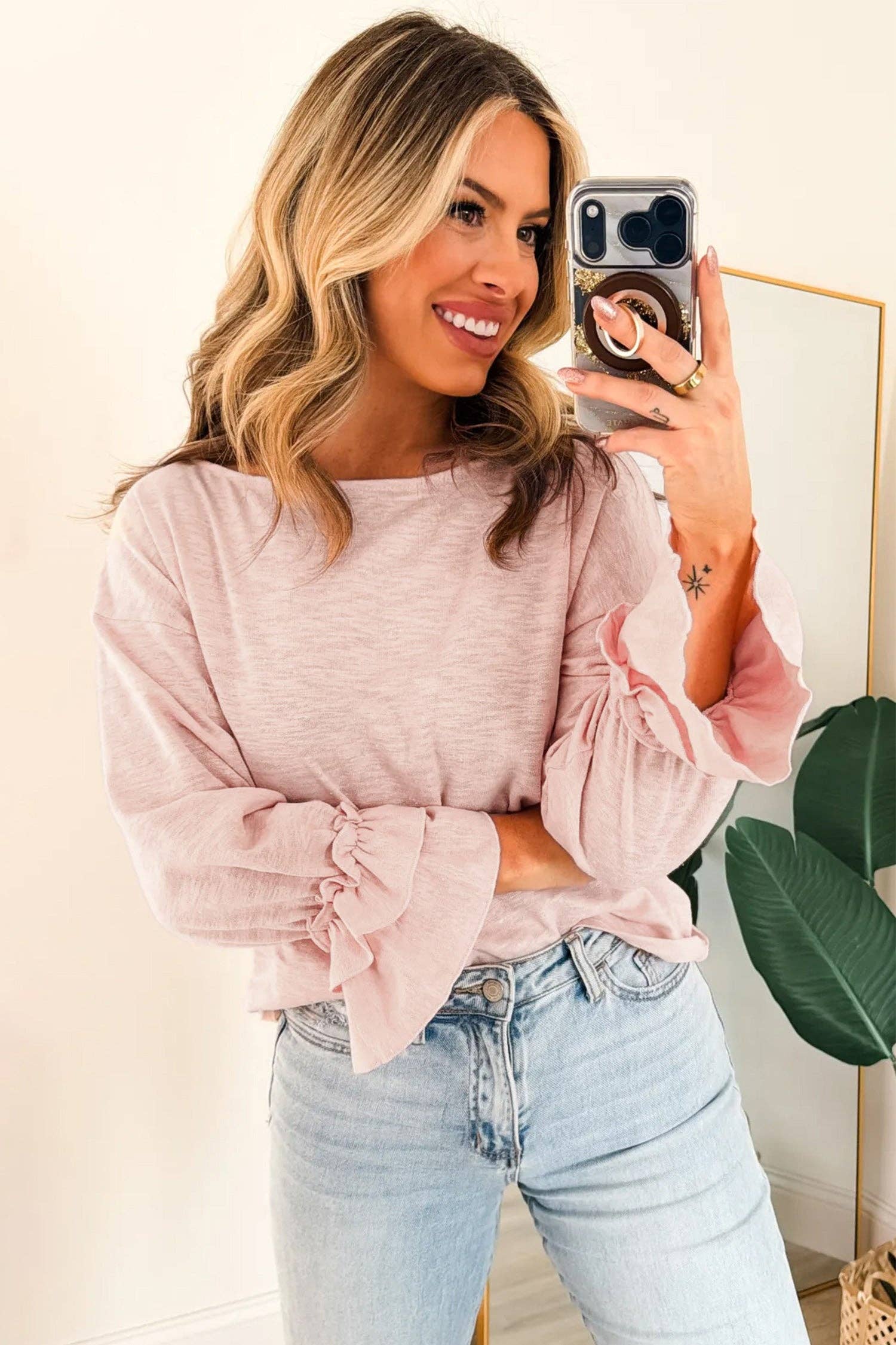 Solid Cotton Blend Top Casual Ruffle Sleeve Boutique