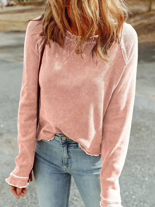 Green Textured Round Neck Long Sleeve Top