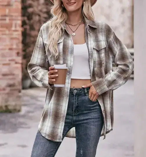 Coffee Casual Fashion Oversized Loose Plaid Shirt