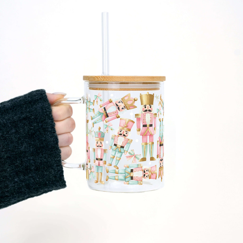 Pink Christmas Nutcracker 17oz Glass Mug With Lid and Straw