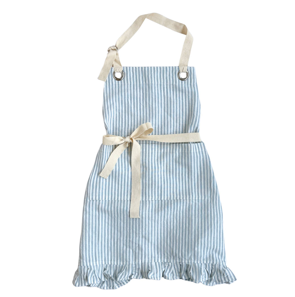 Blue Pinstripe Ruffle Cotton Apron with Pocket