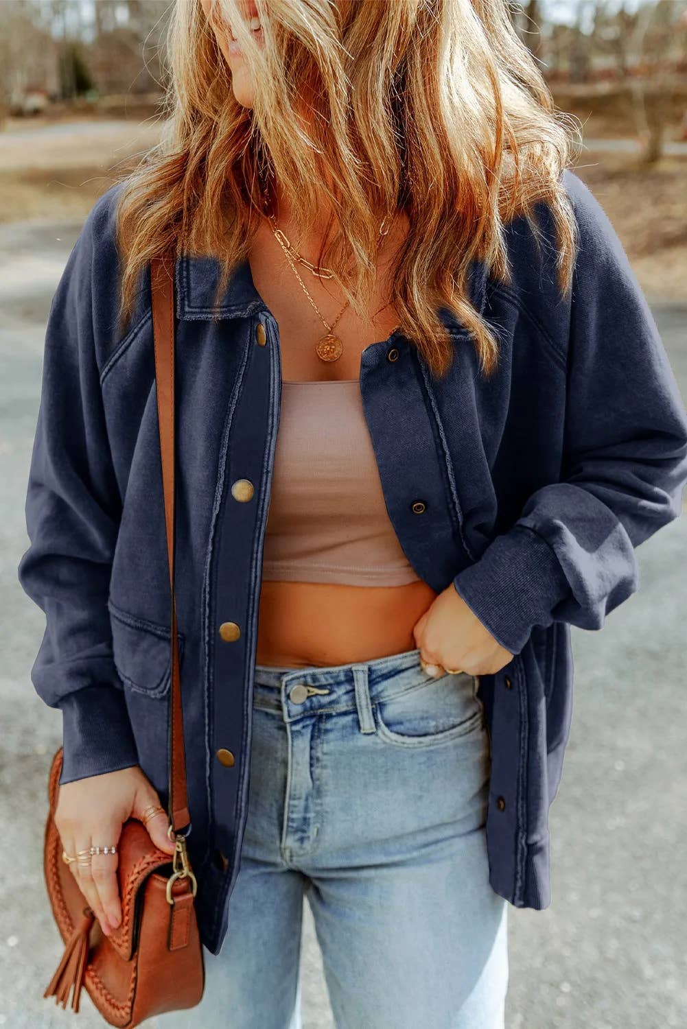 Casual Vintage Washed Flap Pocket Button Shacket
