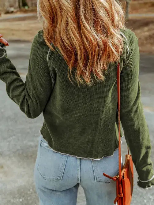 Green Textured Round Neck Long Sleeve Top
