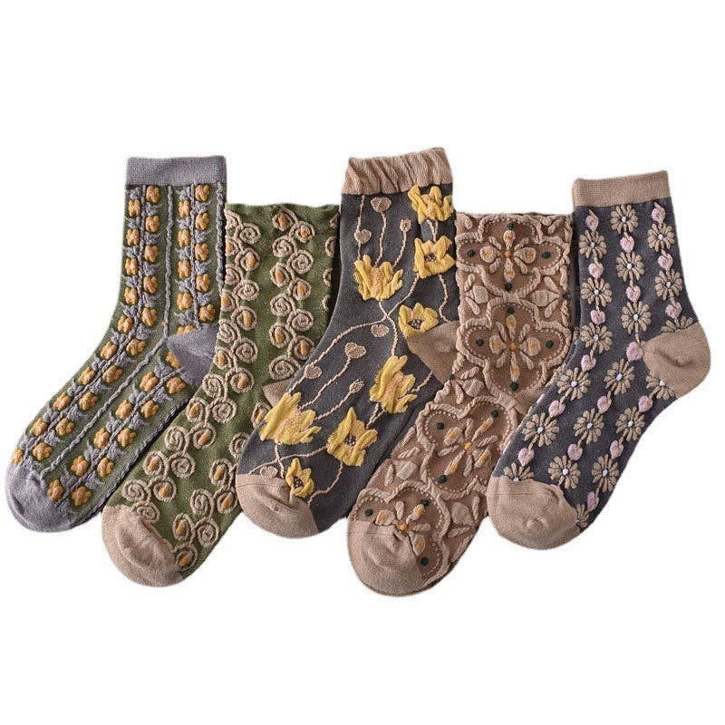 5-Color Mixed Three-Dimensional Relief Women's Sock Set