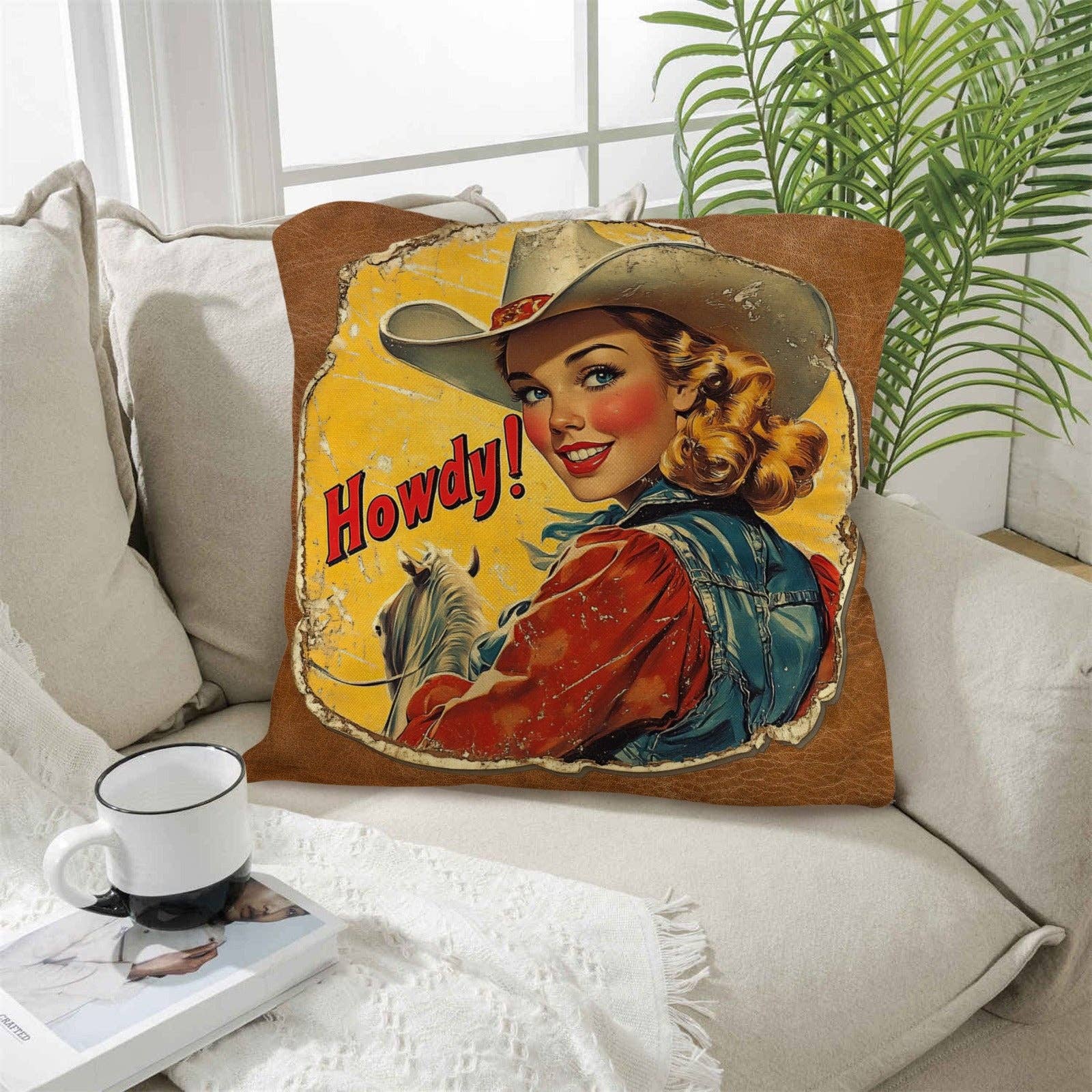 Vintage Cowgirl Howdy Throw Pillow 18 x 18 Made in America/w insert