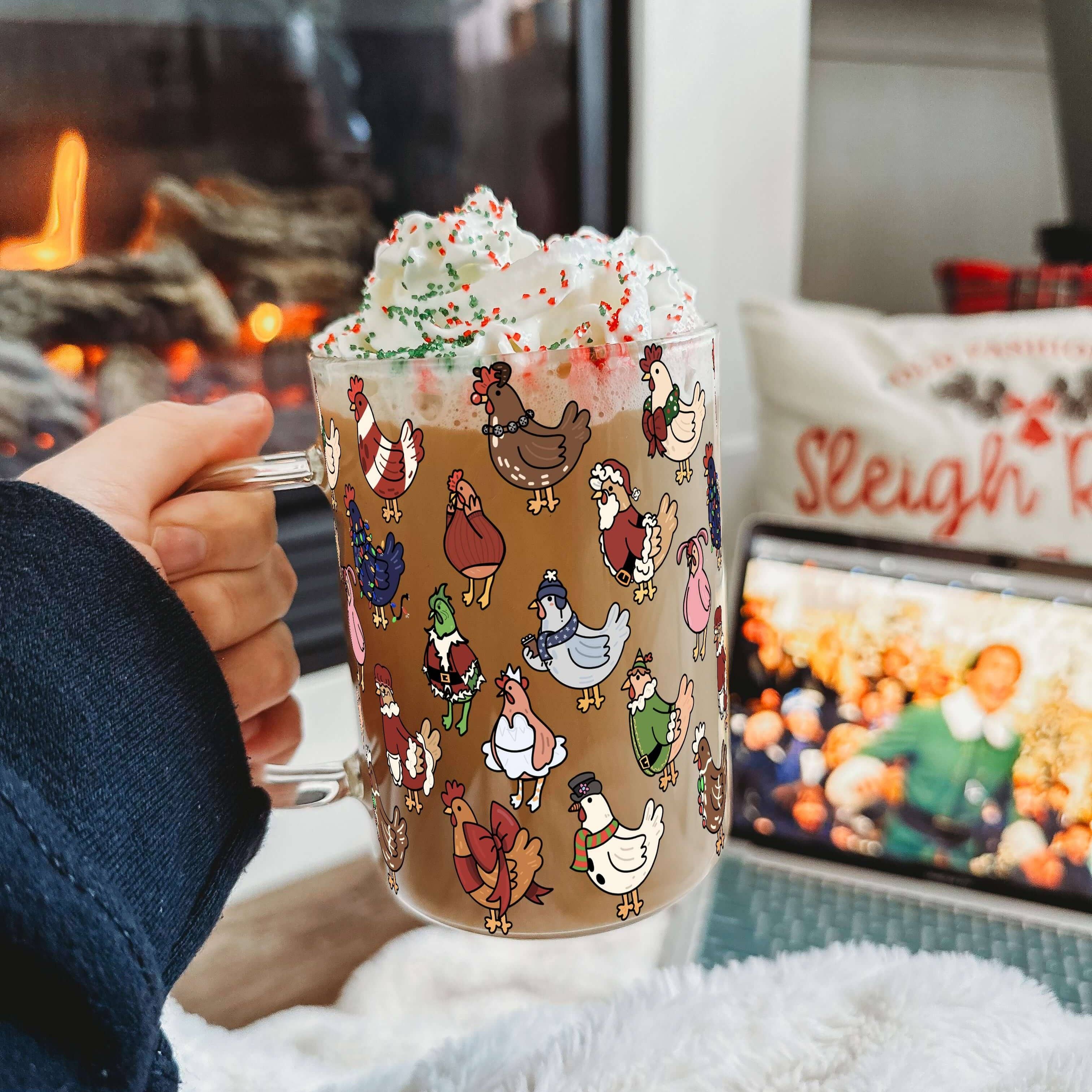 Festive Flock Christmas Clear Glass Mug with Lid & Straw