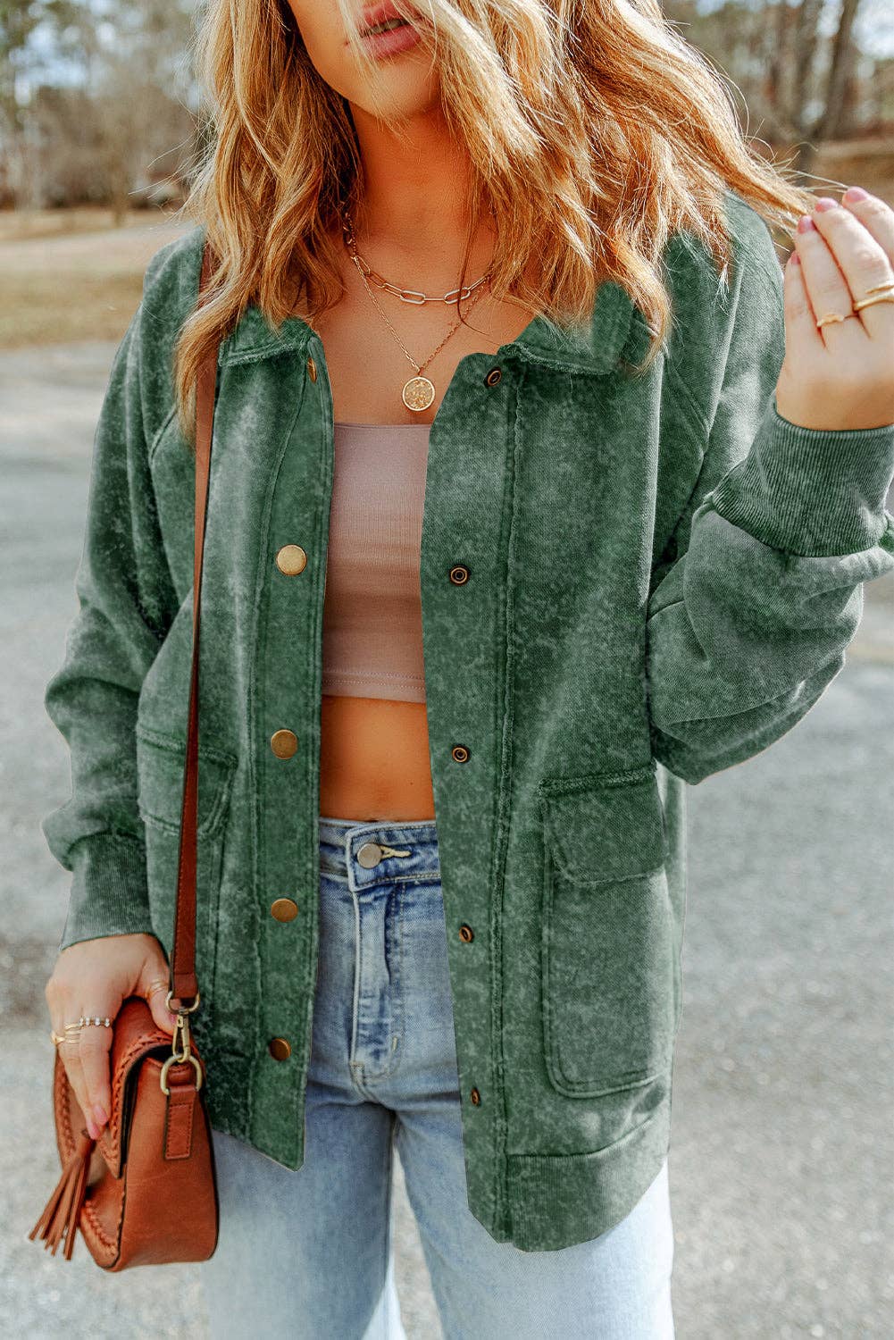 Casual Vintage Washed Flap Pocket Button Shacket