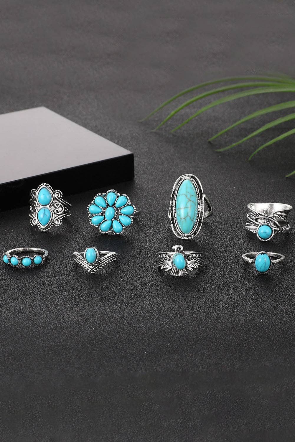 Green Vintage Western Turquoise 8-piece Ring Set