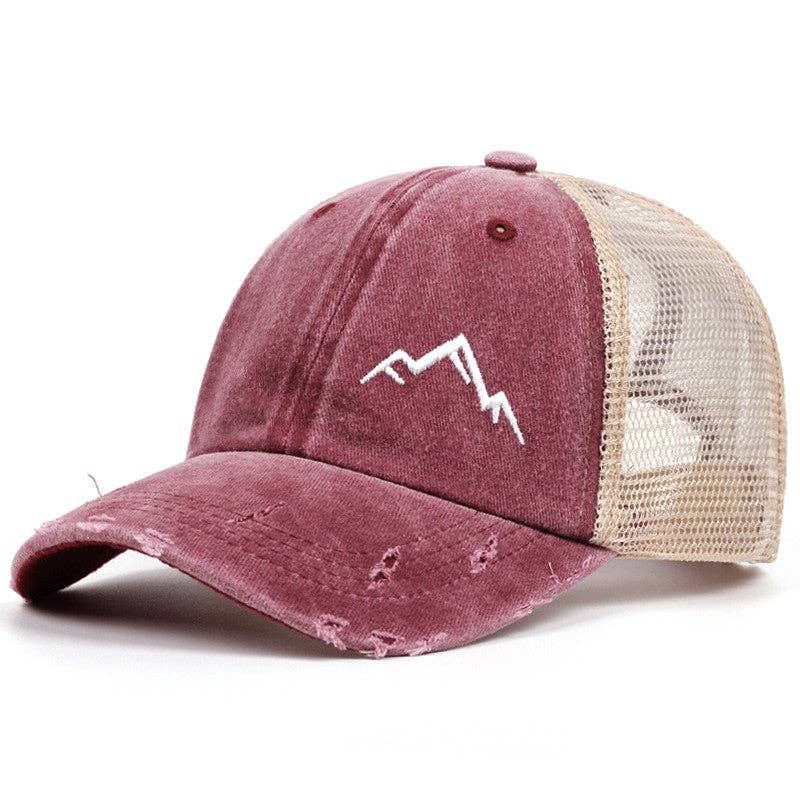 Ponytail Opening Mountain Embroidery Baseball Cap Washed Distressed Breathable Mesh Sun Hat