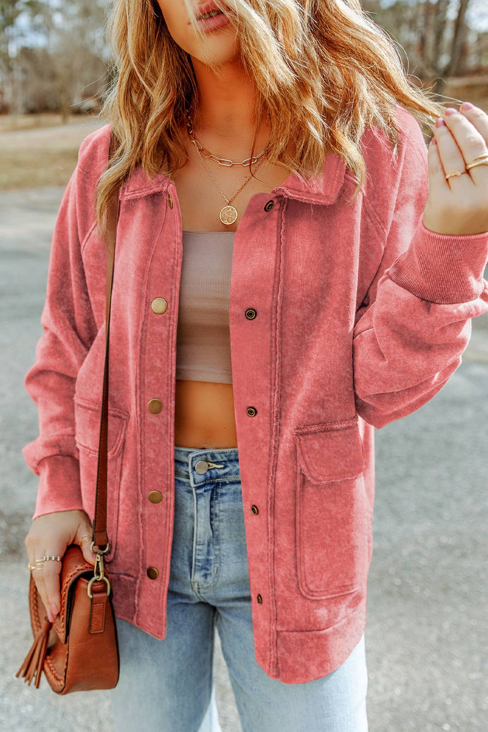 Casual Vintage Washed Flap Pocket Button Shacket