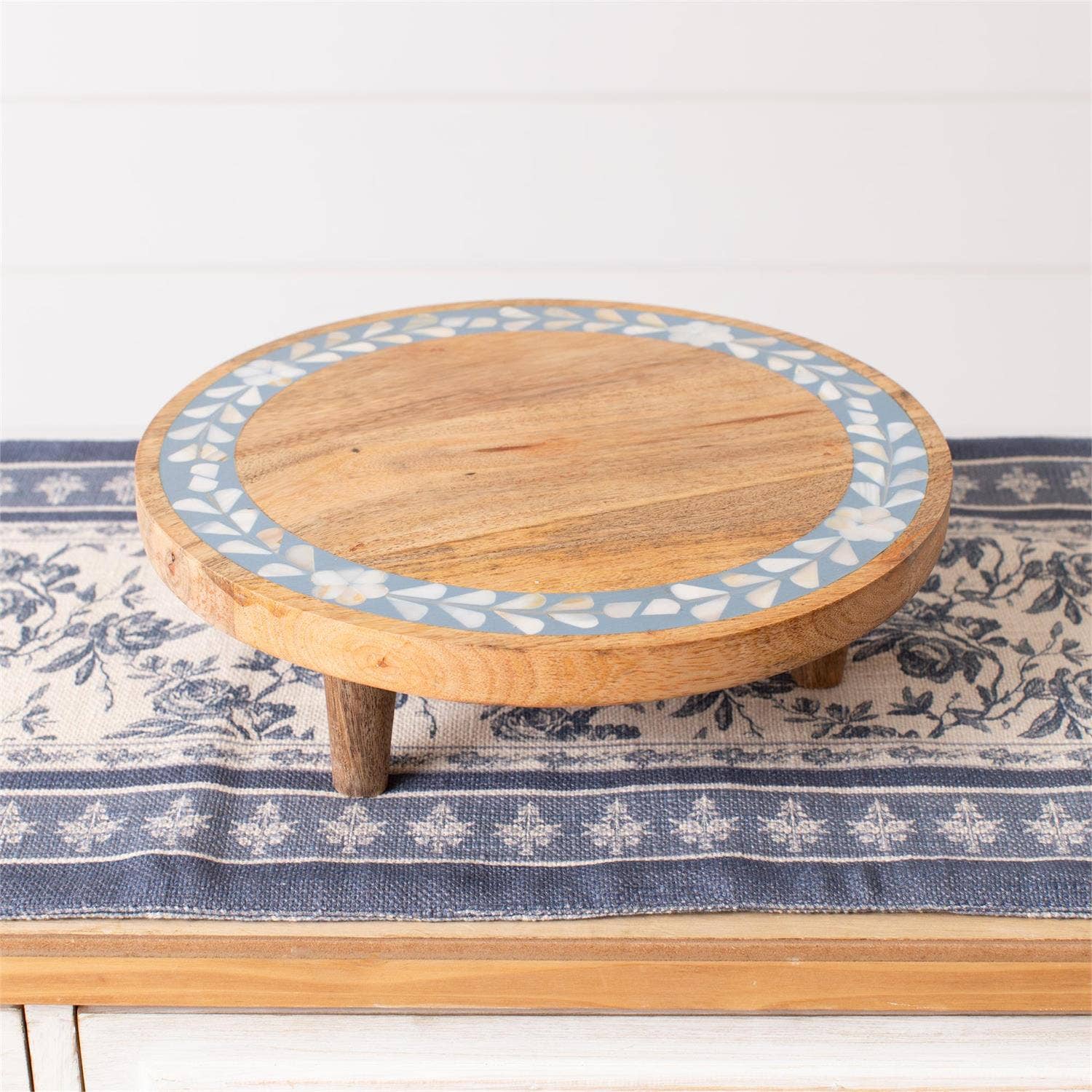Riser - Blue Inlayed Flowers, Mango Wood