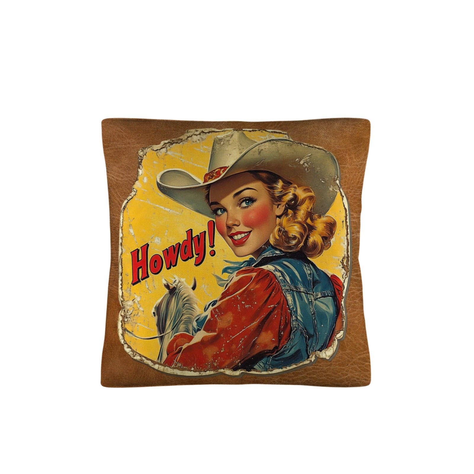 Vintage Cowgirl Howdy Throw Pillow 18 x 18 Made in America/w insert