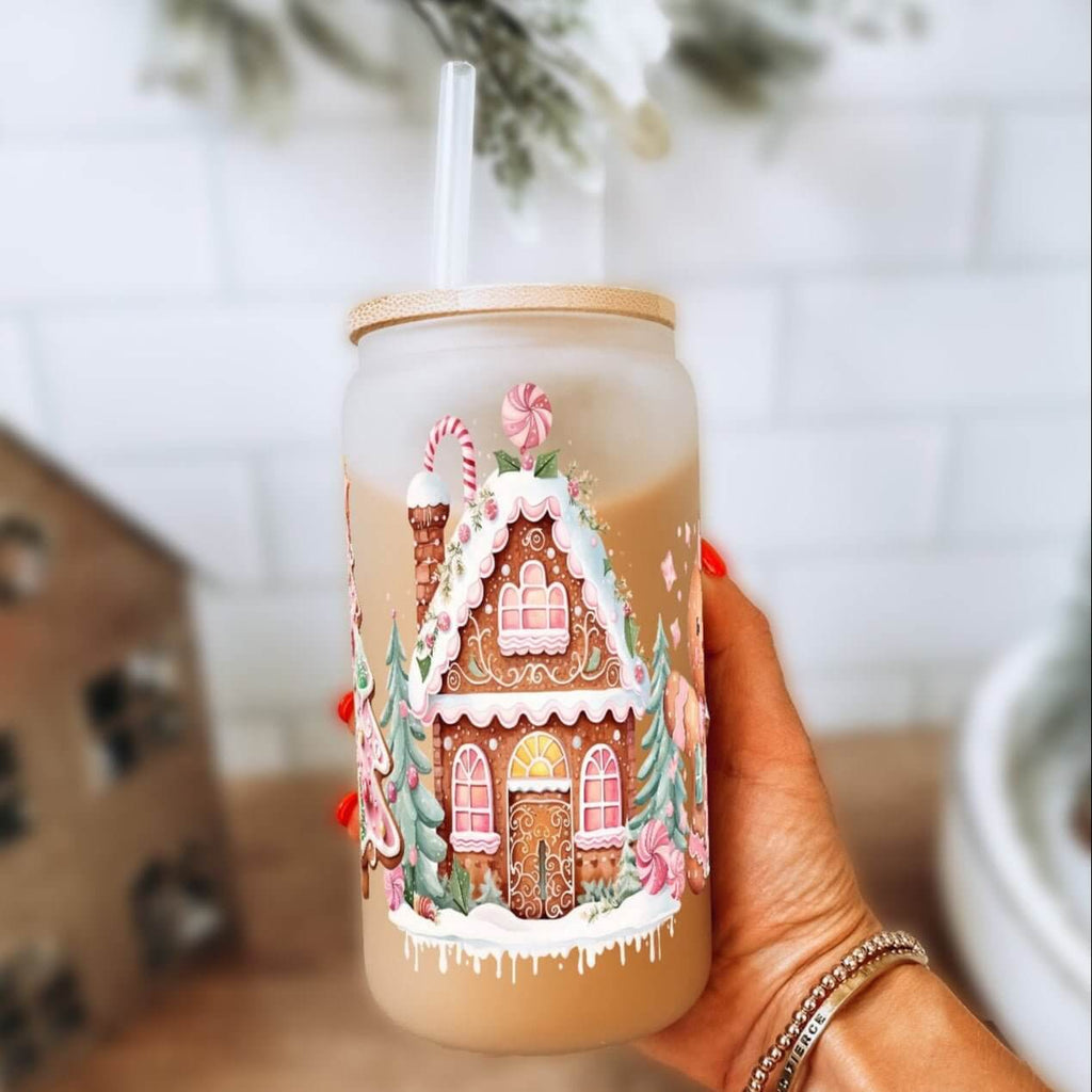Pink Gingerbread House Cup With Lid and Straw