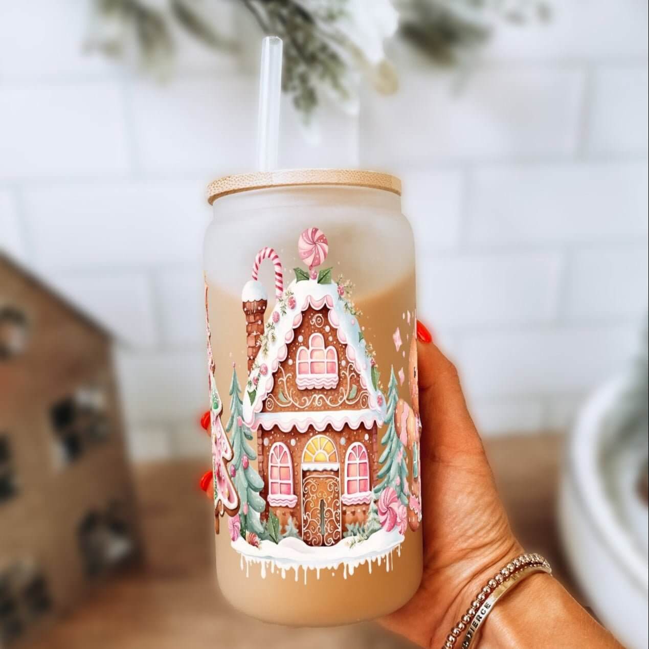 Pink Gingerbread House Cup With Lid and Straw