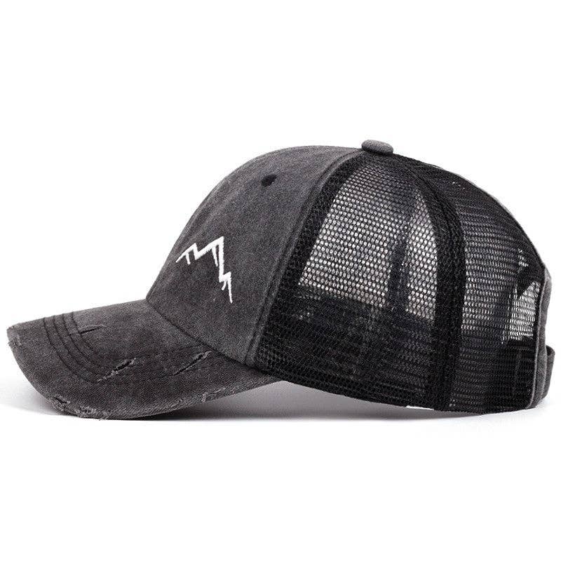 Ponytail Opening Mountain Embroidery Baseball Cap Washed Distressed Breathable Mesh Sun Hat
