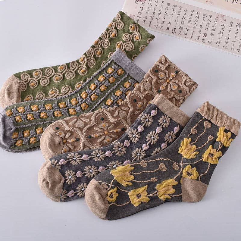 5-Color Mixed Three-Dimensional Relief Women's Sock Set