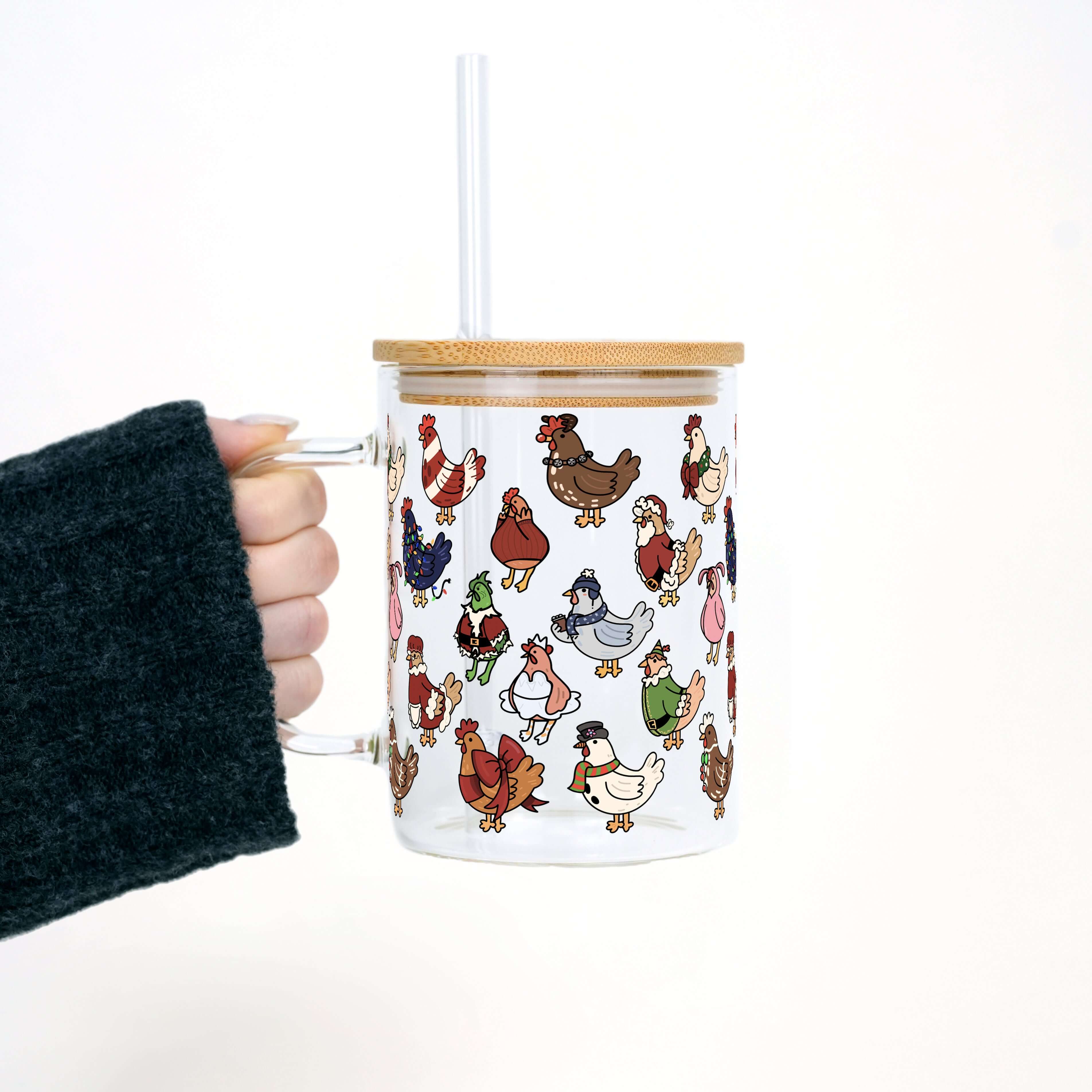 Festive Flock Christmas Clear Glass Mug with Lid & Straw