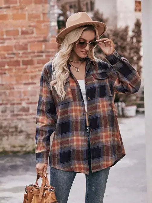 Coffee Casual Fashion Oversized Loose Plaid Shirt