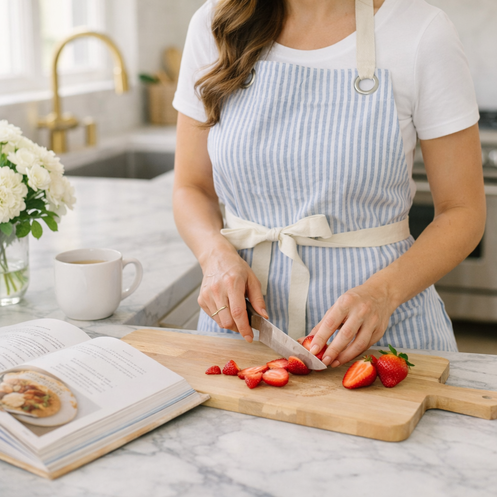 Blue Pinstripe Ruffle Cotton Apron with Pocket