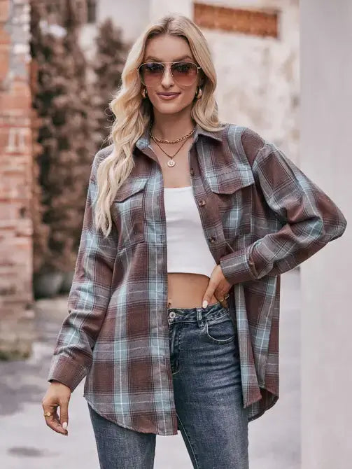 Coffee Casual Fashion Oversized Loose Plaid Shirt