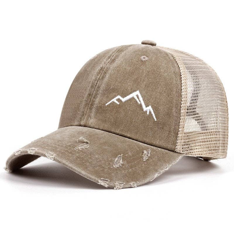 Ponytail Opening Mountain Embroidery Baseball Cap Washed Distressed Breathable Mesh Sun Hat
