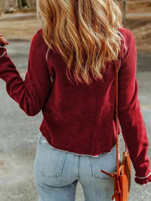 Green Textured Round Neck Long Sleeve Top
