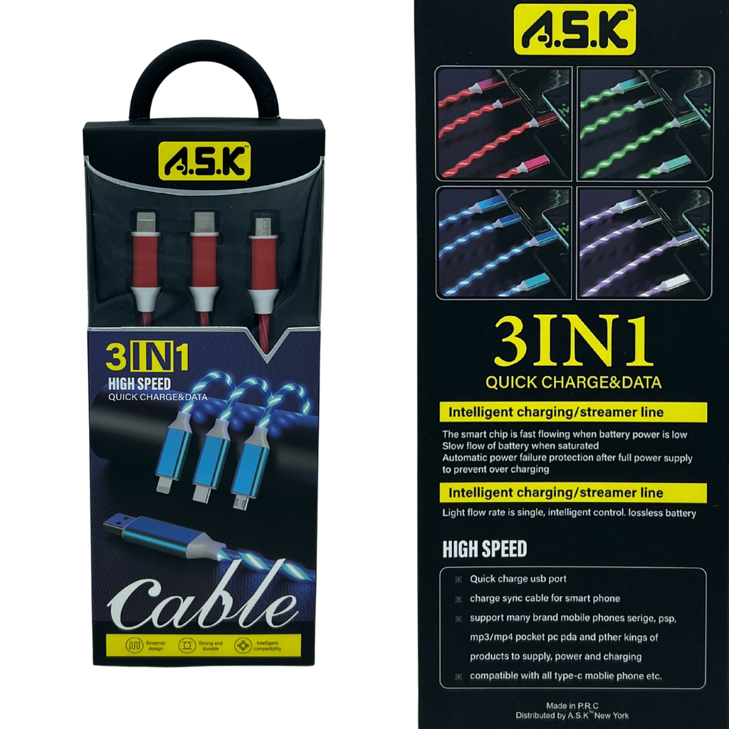 A.S.K LED 3 in 1 Charging Cable with Multiport Device 48 CT