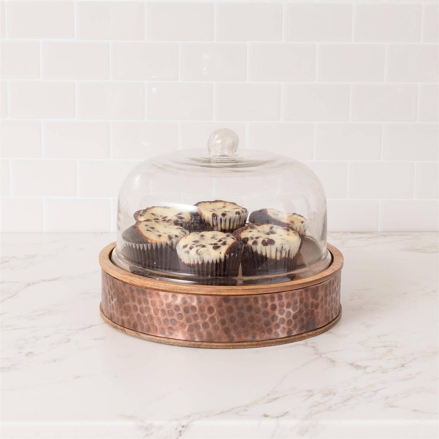 Glass Cloche with Wood Dimpled Base (PC)