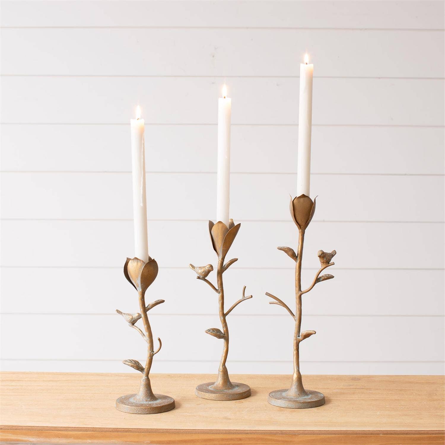 Candle Holder - Flower Stems With Birds (Set Of 3)