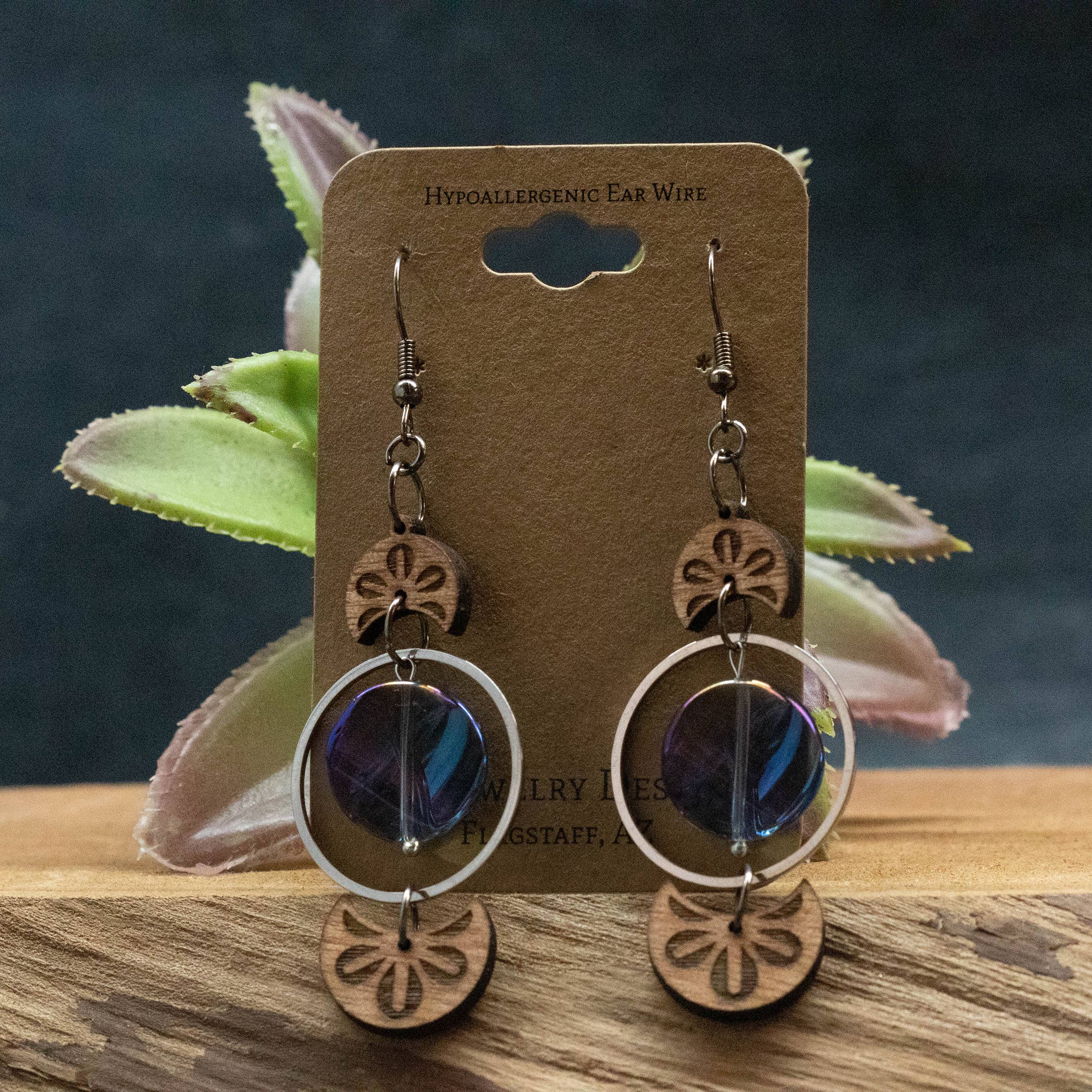 Flower Crescent Wood Earrings