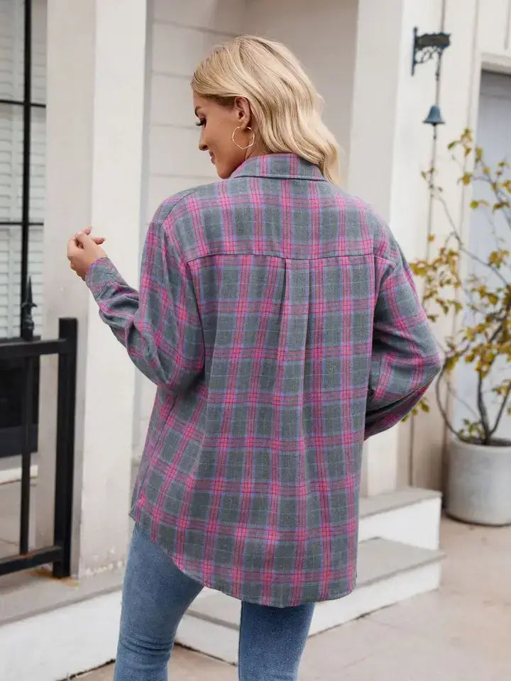 Fuchsia Gray Plaid Button Down Long Sleeve Shirt