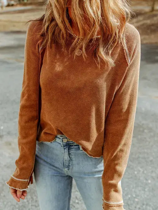 Green Textured Round Neck Long Sleeve Top