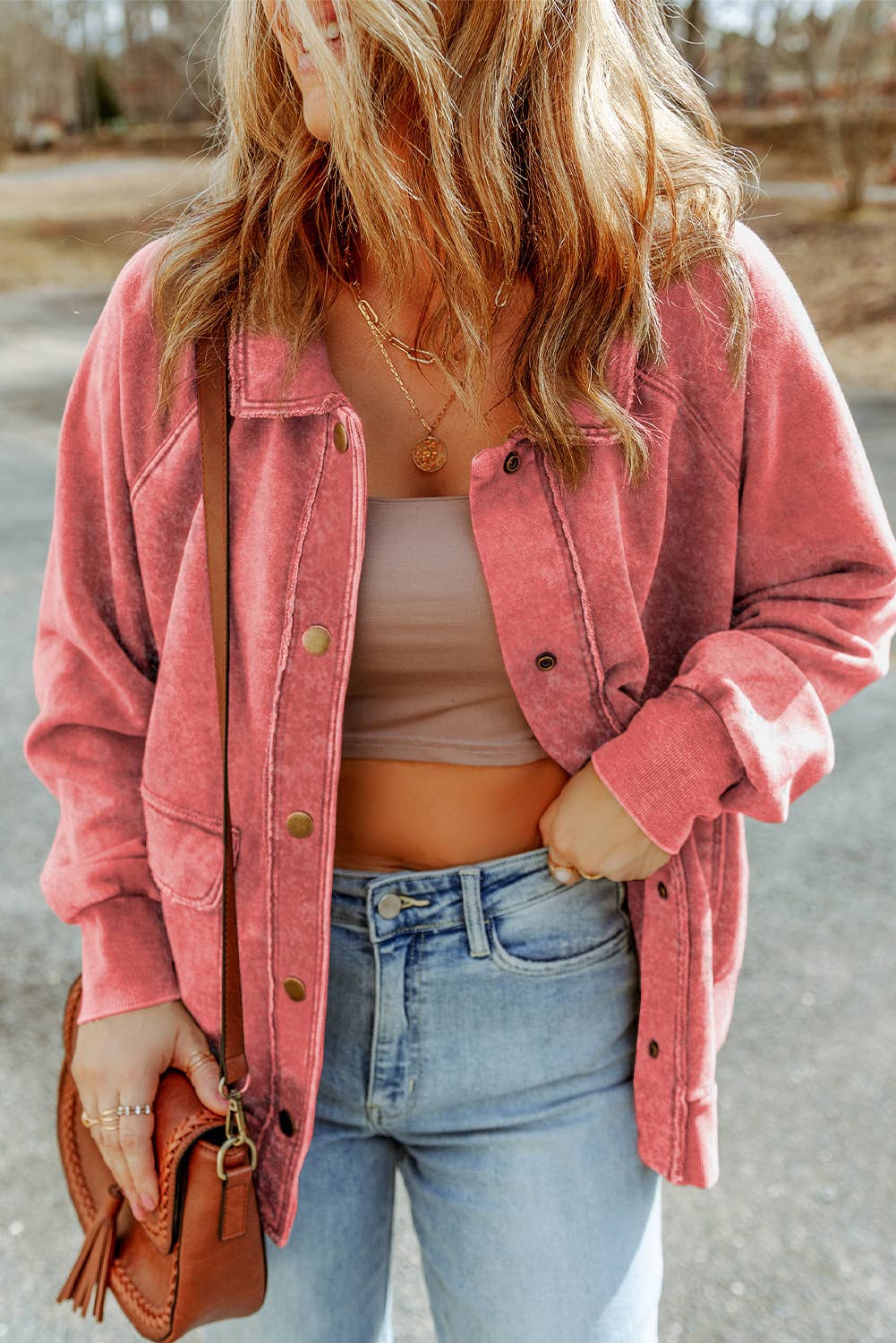 Casual Vintage Washed Flap Pocket Button Shacket