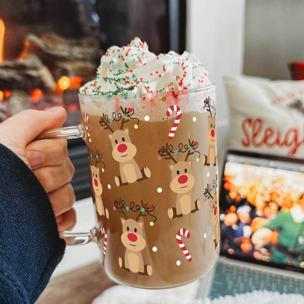 Christmas Deer + Candy Canes 17oz Glass Mug With Lid and Straw