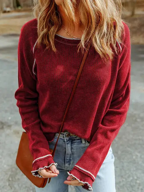 Green Textured Round Neck Long Sleeve Top