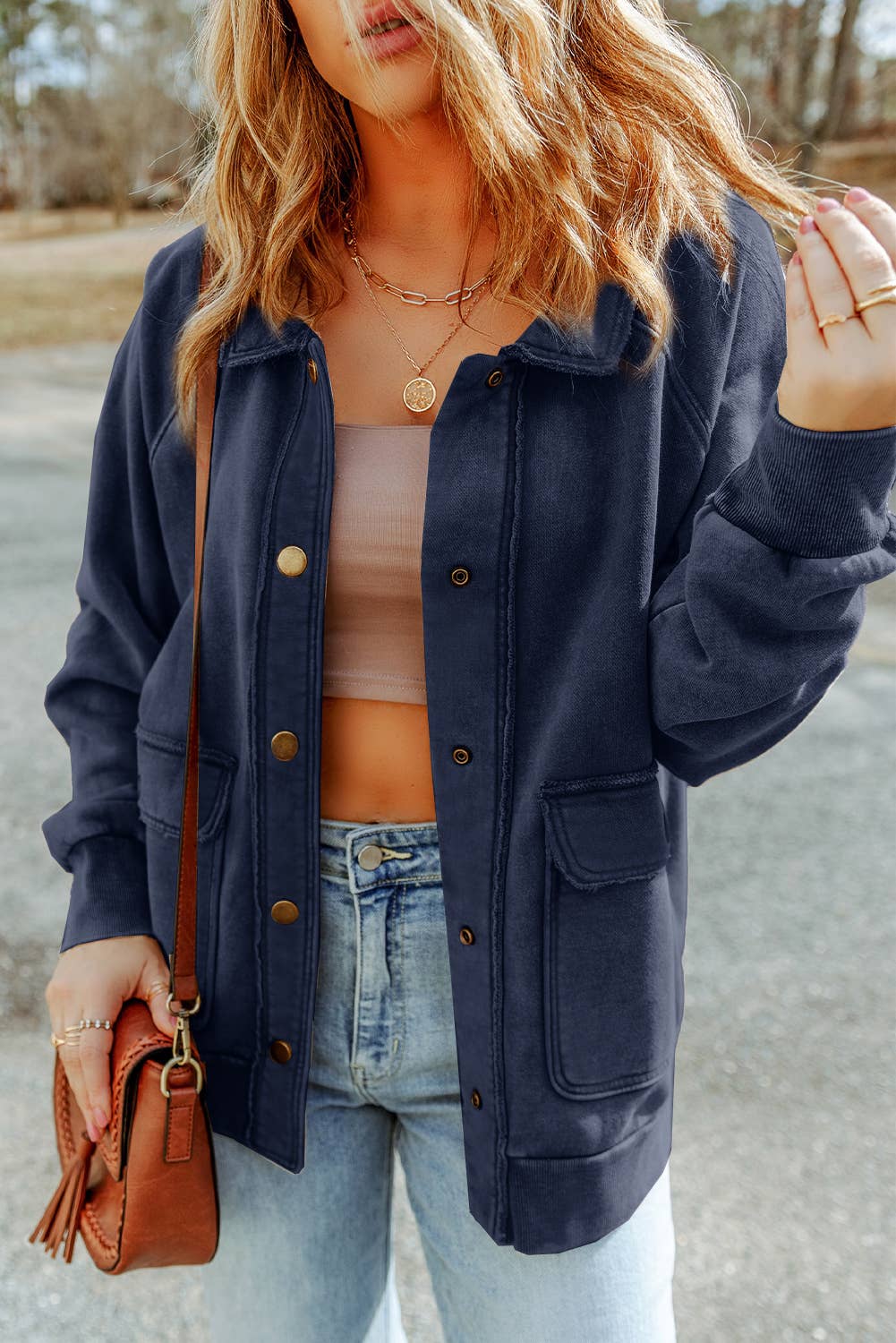 Casual Vintage Washed Flap Pocket Button Shacket
