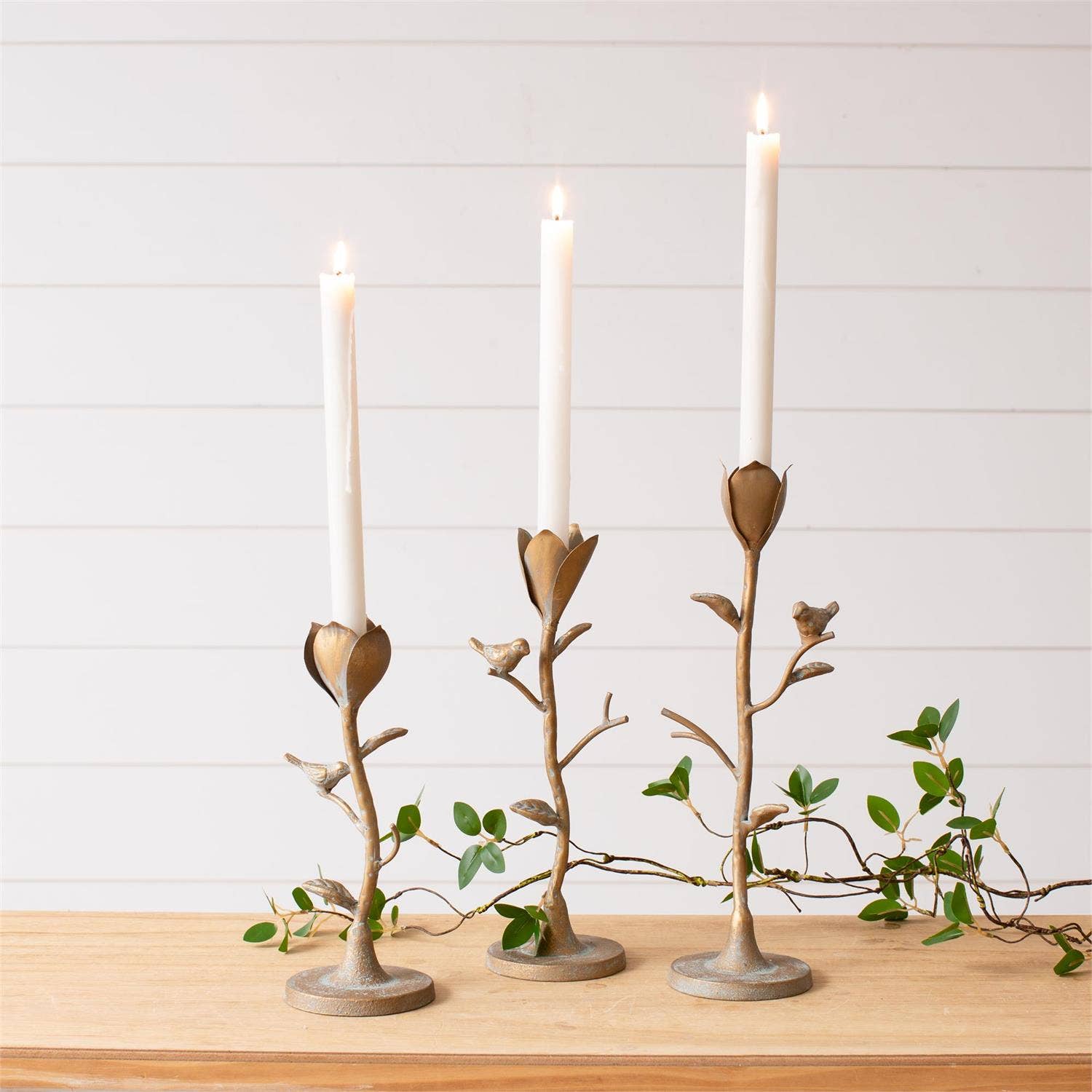 Candle Holder - Flower Stems With Birds (Set Of 3)