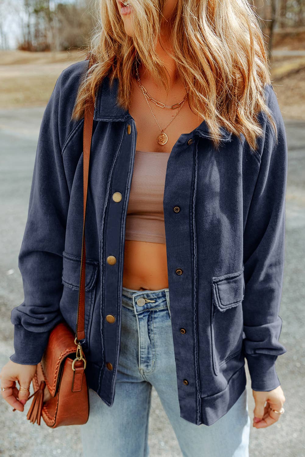 Casual Vintage Washed Flap Pocket Button Shacket