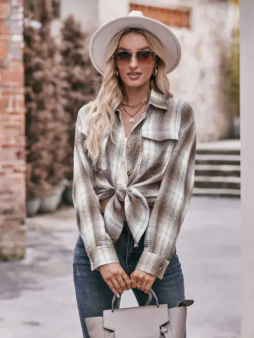 Coffee Casual Fashion Oversized Loose Plaid Shirt