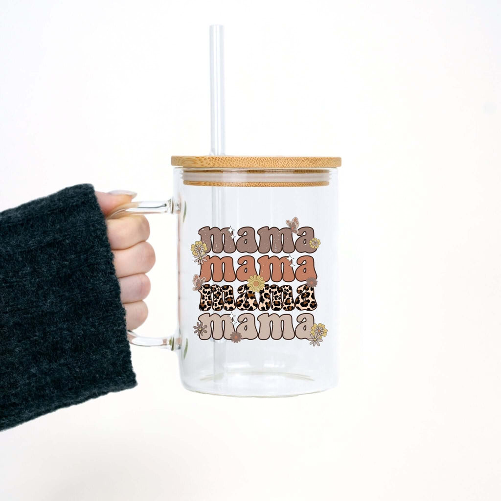 Retro Leopard Mama 17oz Clear Glass Mug With Lid and Straw