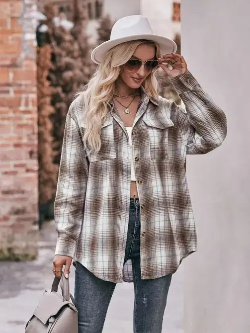 Coffee Casual Fashion Oversized Loose Plaid Shirt
